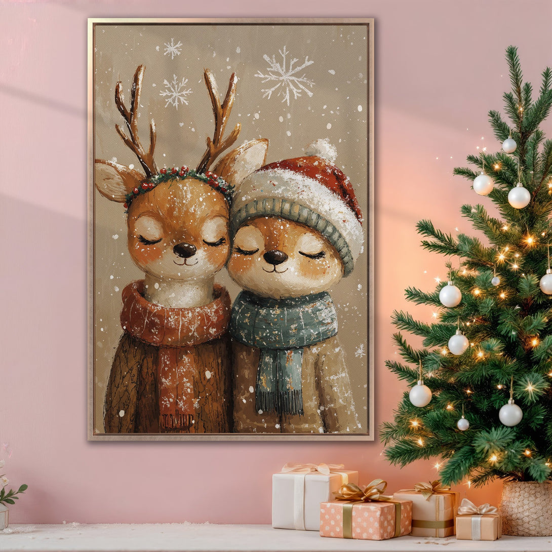 Framed Wall Art featuring adorable deer in winter attire. Charming illustration with warm, neutral tones, perfect for Christmas decor. Add cozy vibes to your home!