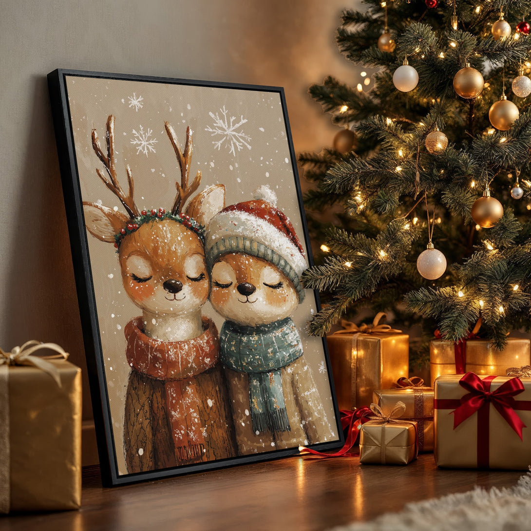 Framed Wall Art: Adorable winter deer couple in warm, cozy style. Earthy tones with pops of red & green. Perfect Christmas decor!