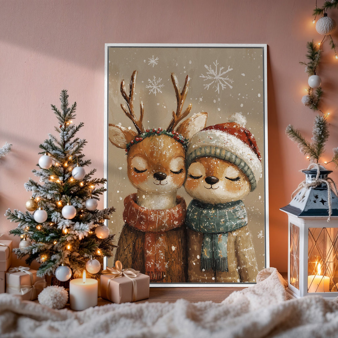 Framed Wall Art: Adorable winter deer couple in a cozy, rustic style. Warm color palette with soft browns, greens, and reds. Perfect for Christmas decor.