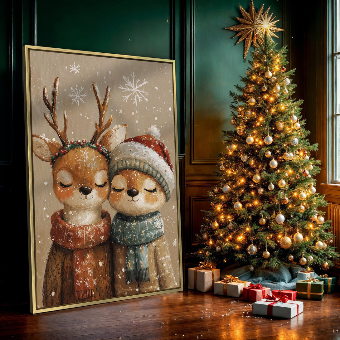 Canvas Print featuring adorable deer couple in winter attire, warm brown and red tones, perfect for Christmas decor. Charming and cozy wall art!