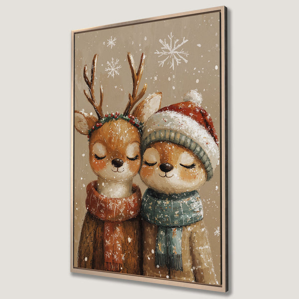 Framed Wall Art featuring adorable winter deer illustration in warm, earthy tones. Perfect for adding cozy charm to your home decor.