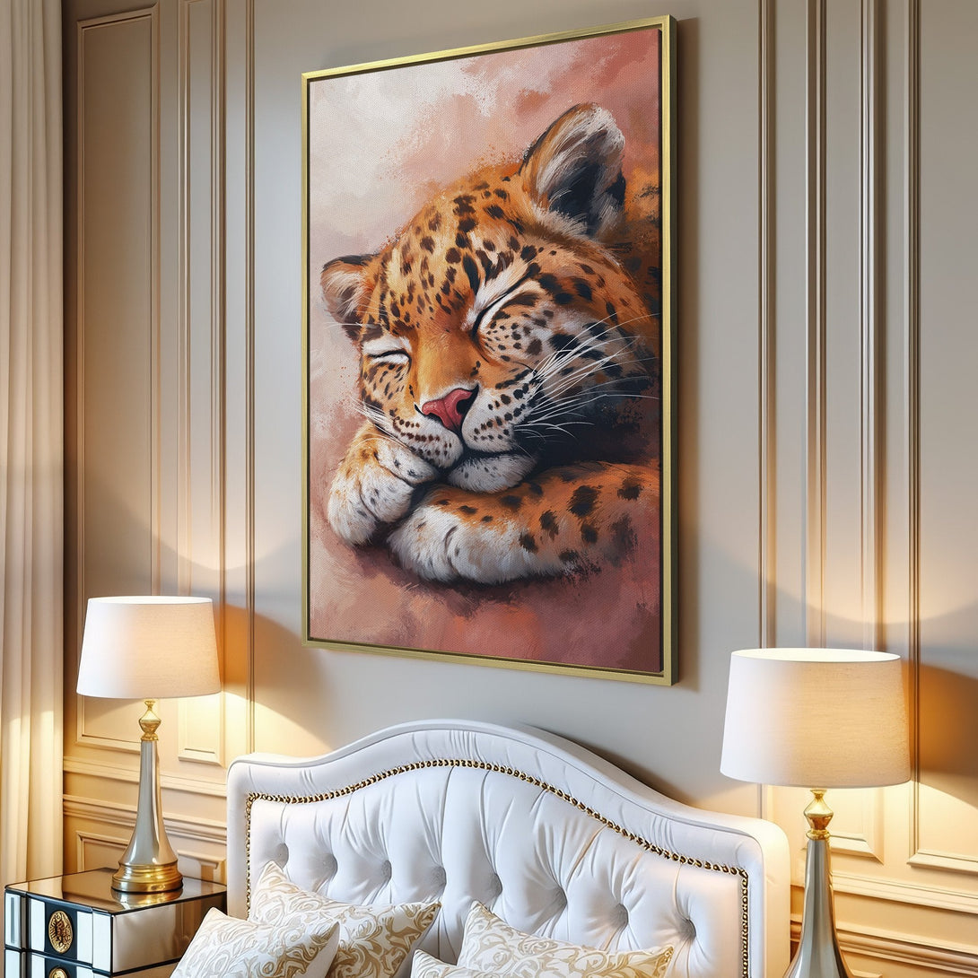 Canvas Print of a sleeping leopard in warm tones, perfect for adding a touch of wildlife art to any space.