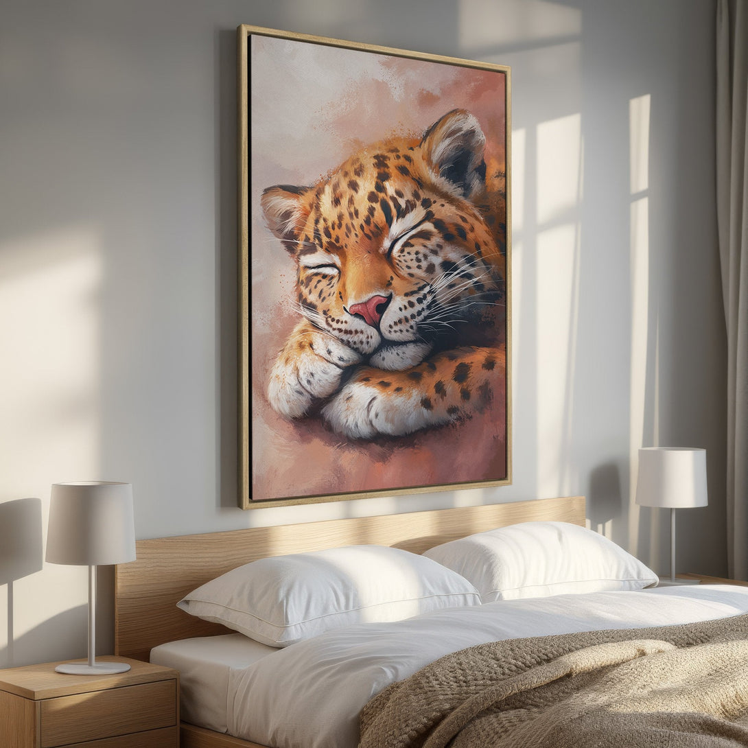 Framed Wall Art: Sleeping leopard canvas print in warm orange and brown tones, perfect for bedroom decor. Adds a touch of wildlife charm to any space.