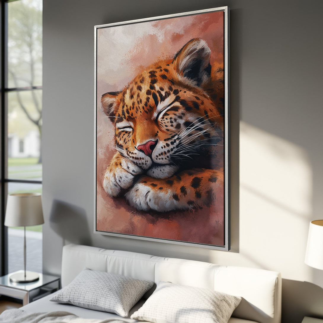 Framed Wall Art: Sleeping leopard portrait in warm orange and brown tones. Perfect animal art for your bedroom decor.