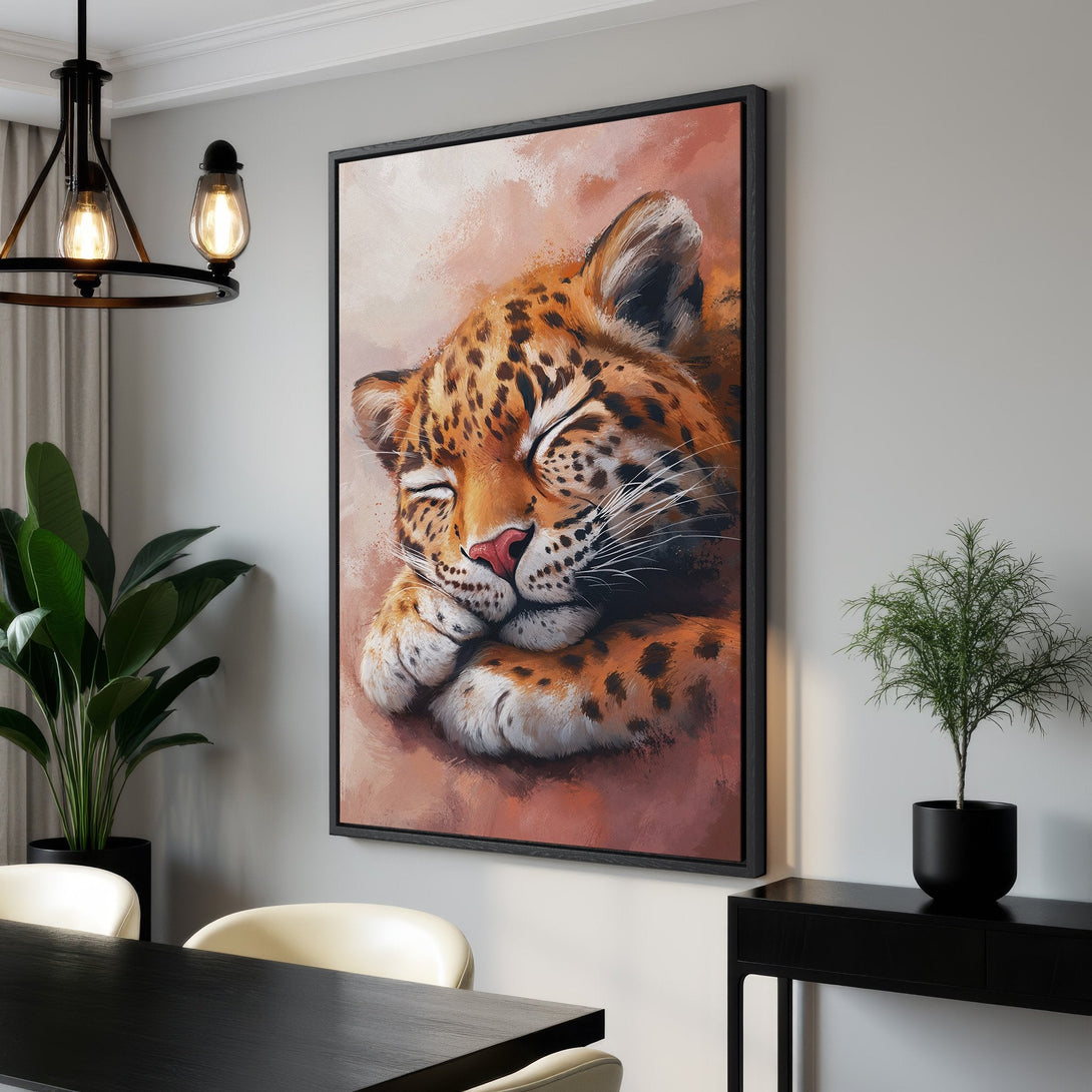 Framed Wall Art: Sleeping leopard canvas print in warm orange and brown tones. Modern art for home decor. Enhance your living space with this beautiful artwork.