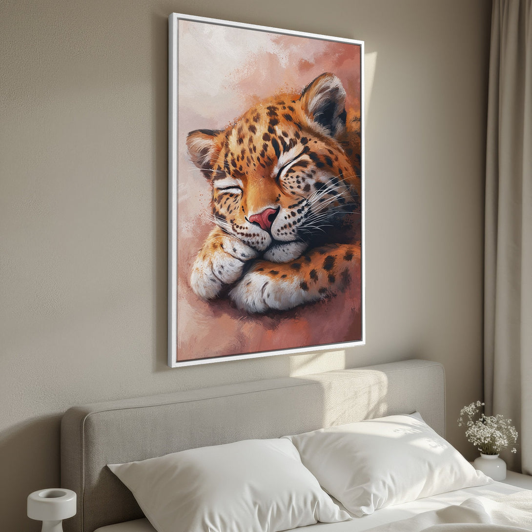 Framed Wall Art: Sleeping leopard canvas print in warm orange and brown tones. Perfect for adding a touch of wildlife art to your bedroom decor.