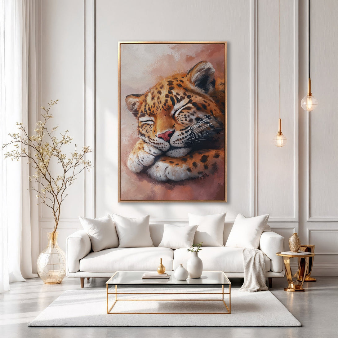 Framed Wall Art: Sleeping leopard canvas print in warm tones. Modern decor with a cozy, elegant feel. Perfect for living rooms and bedrooms.