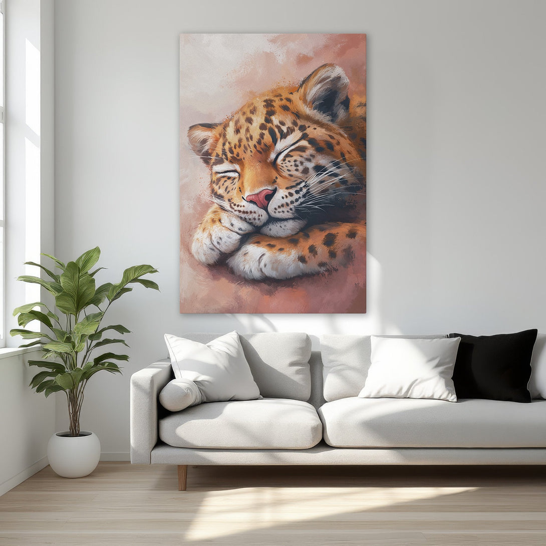 Framed Wall Art featuring a sleeping leopard. Warm, earthy tones create a cozy feel. Perfect for adding a touch of elegance to your space.