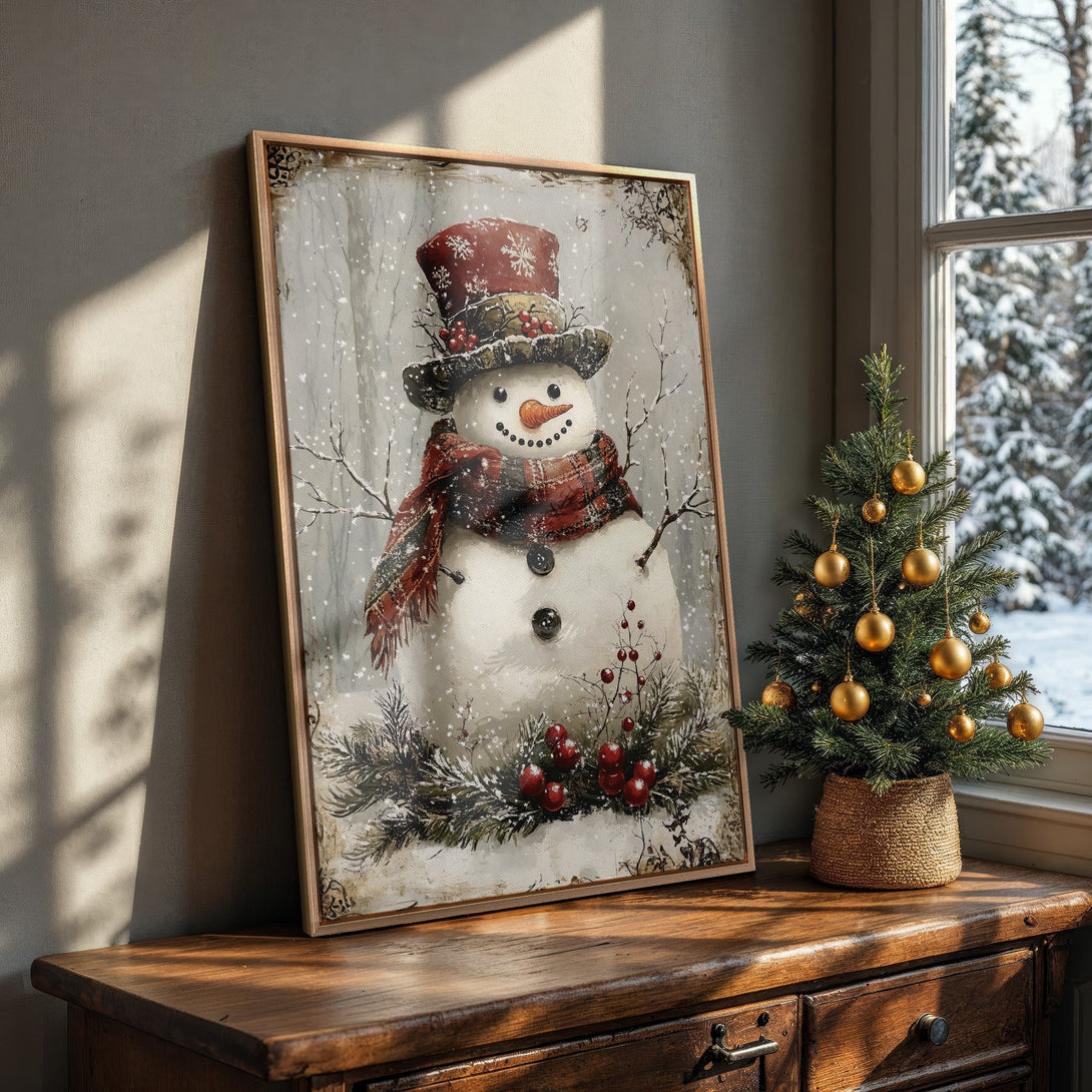 Framed Wall Art featuring a charming snowman in a vintage style. Warm reds, greens, and whites create a cozy winter scene. Perfect holiday decor!