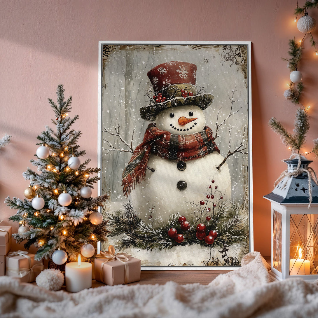 Framed Wall Art: Charming snowman painting in a winter scene, featuring a red and grey color palette, perfect for holiday decor.