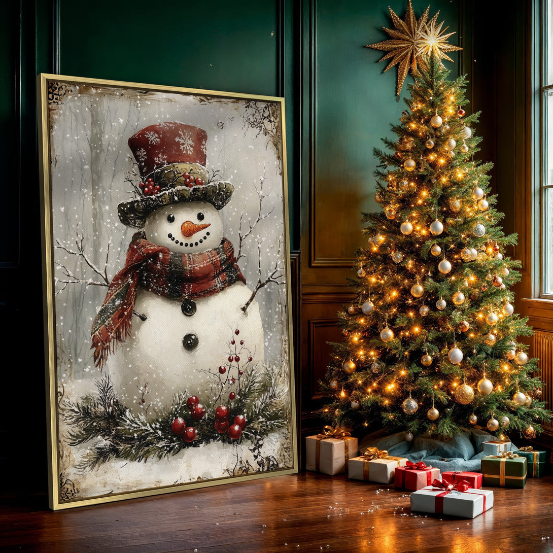 Canvas Print of a charming snowman in a vintage style, featuring a red and grey color palette. Perfect winter wall art for your home!