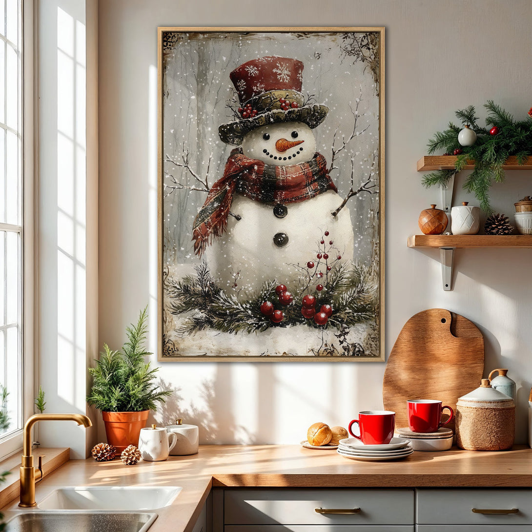 Framed Wall Art: Charming snowman painting with a vintage style. Features a wintery scene with a red and grey color palette, perfect for holiday decor.