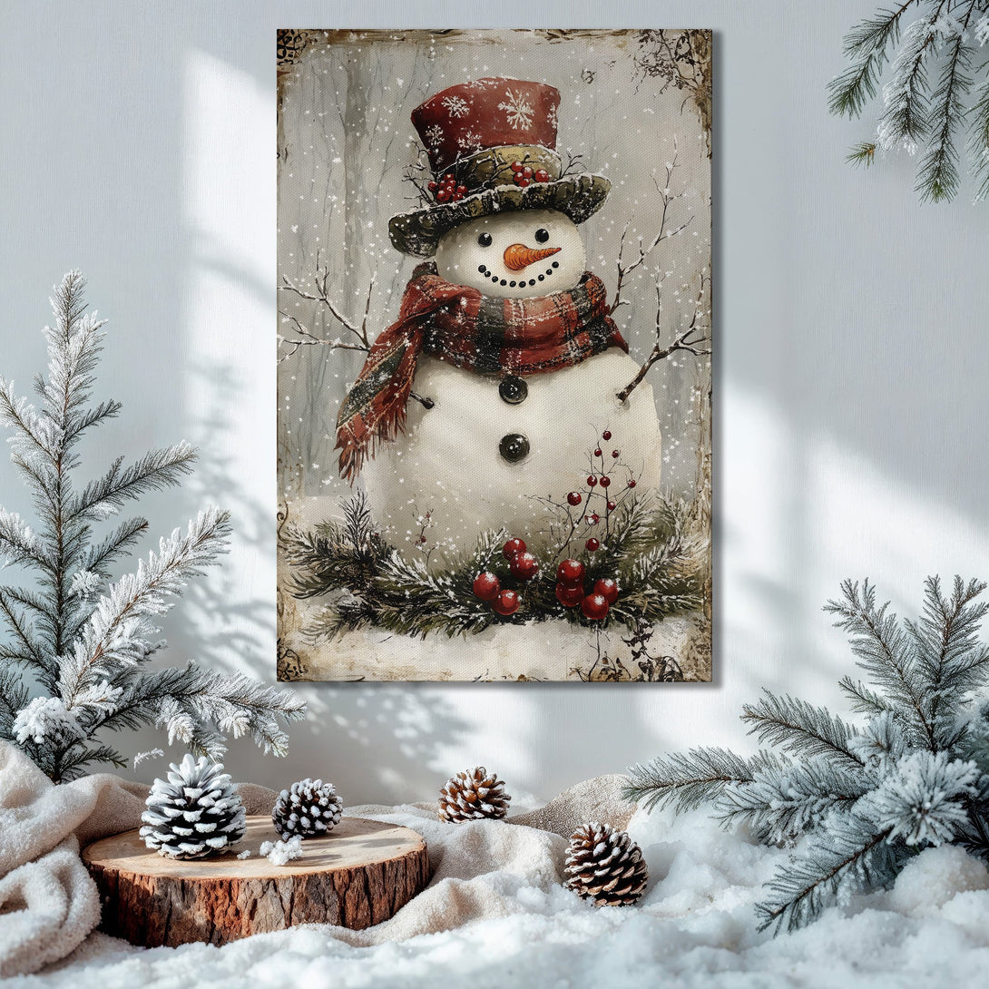 Framed Wall Art: Wintery snowman art with red accents, displayed in a festive Christmas interior. Warm, inviting color palette.