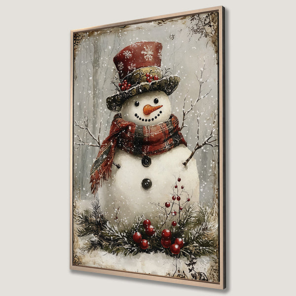 Framed Wall Art featuring a charming snowman in a winter scene. Rustic style with a warm red, grey, and white color palette, perfect for holiday decor.