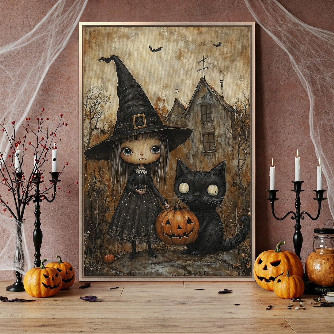 Framed Wall Art: Spooky Halloween scene with witch, black cat, and pumpkin. Vintage style, warm brown and black color palette. Perfect for seasonal decor.