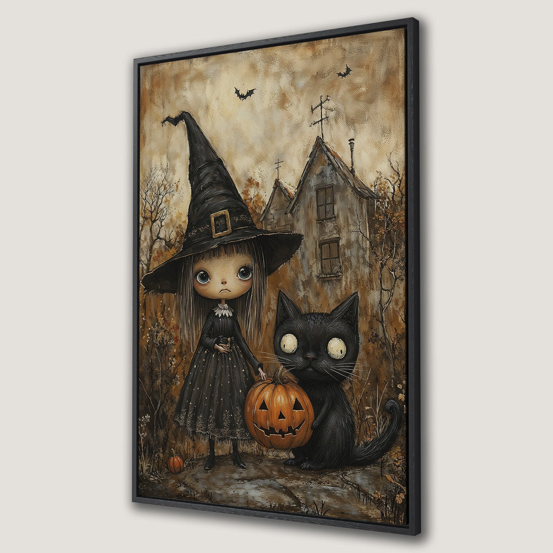 Framed Wall Art: Spooky Halloween witch with black cat and pumpkin, in a whimsical, vintage style. Earthy tones create a cozy, gothic vibe. Perfect for fall decor!
