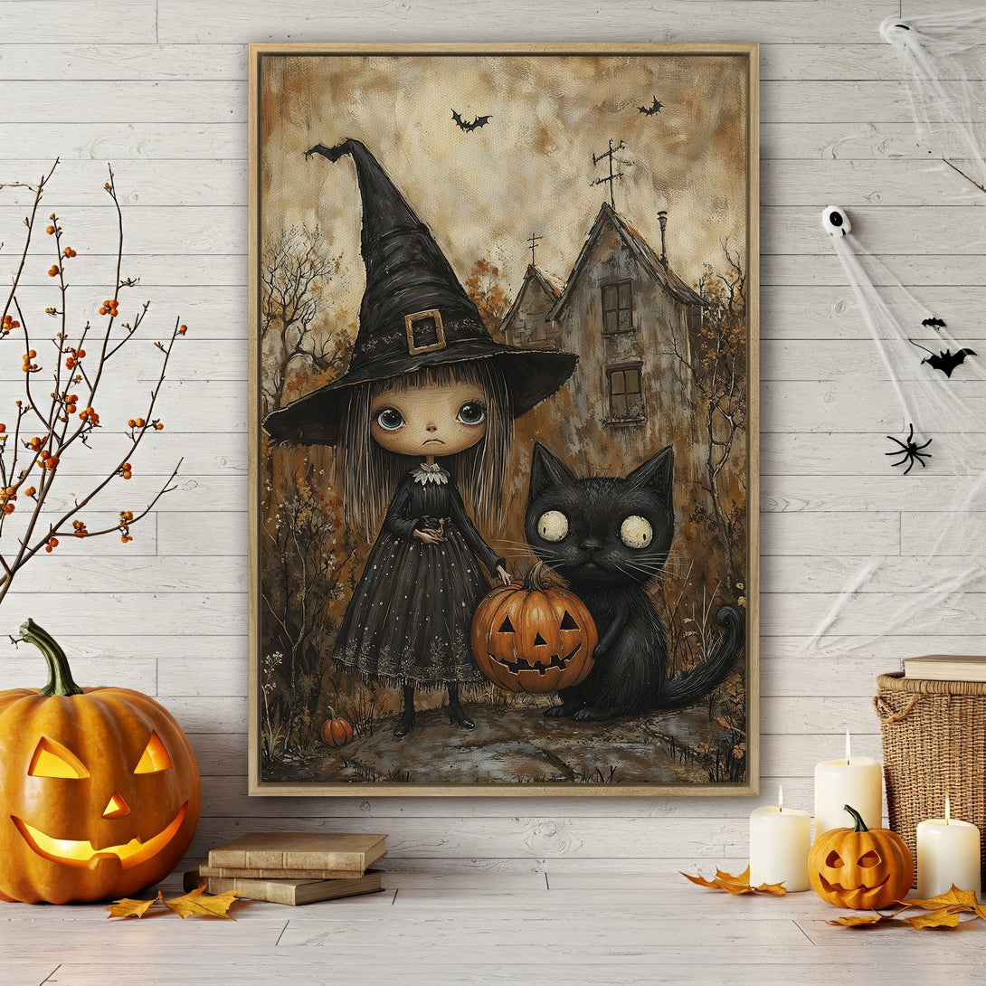 Framed Wall Art: Spooky witch & black cat Halloween scene in warm, earthy tones. Perfect for adding a touch of gothic charm to your home decor.