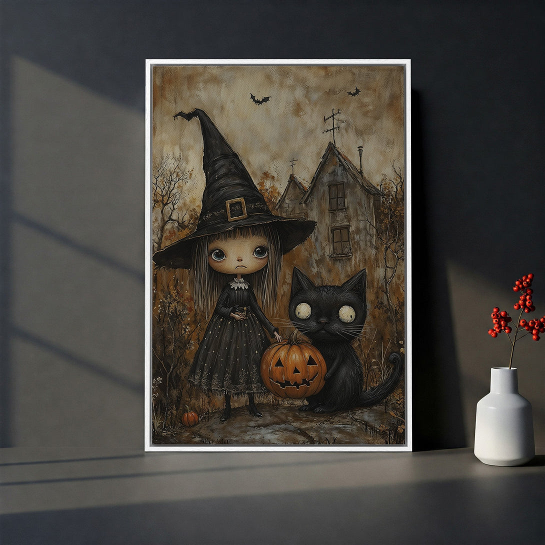Framed Wall Art: Spooky Halloween scene with witch, black cat, and pumpkin. Vintage illustration style, warm brown and black color palette. Perfect for seasonal decor.