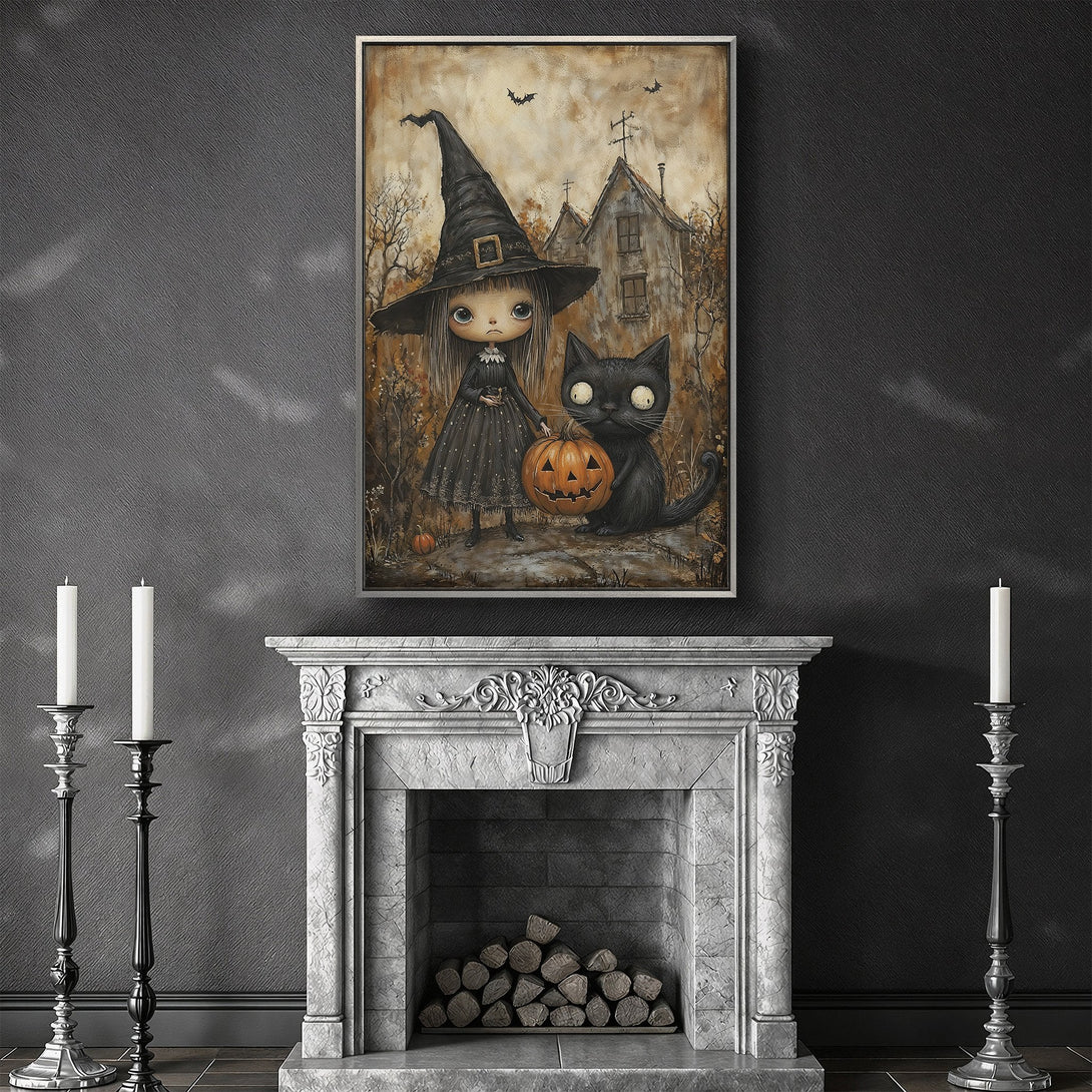 Framed Wall Art: Spooky witch and black cat illustration. Gothic style with warm, autumnal color palette. Perfect Halloween decor!