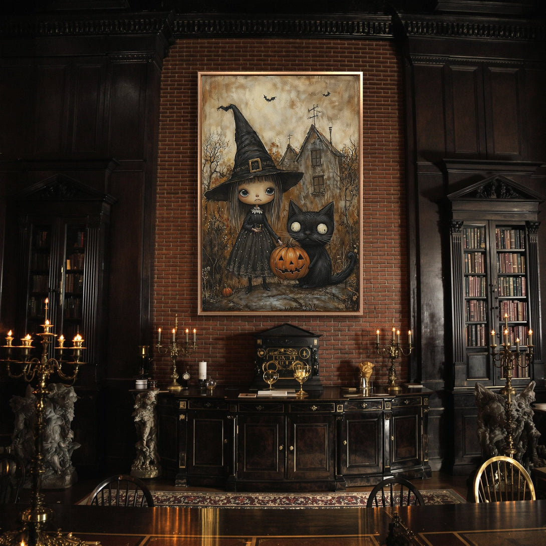 Framed Wall Art: Whimsical Halloween scene with a witch, black cat, and pumpkin. Dark, moody color palette perfect for spooky decor. Add a touch of magic!