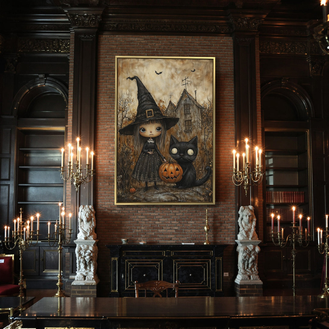 Spooky Halloween Canvas Print featuring a witch, black cat, and pumpkin. Whimsical style with a muted orange, black, and brown color palette. Perfect wall art!