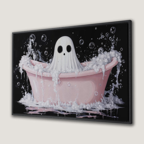 Canvas Print: Whimsical ghost in a pink bathtub, playful illustration with a black background. Modern wall art in a monochromatic color palette.