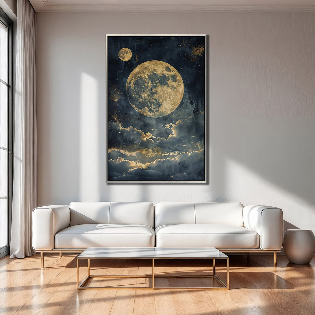 Framed Wall Art featuring a celestial moonscape in a dark blue and gold color palette, adding a touch of elegance to any interior.