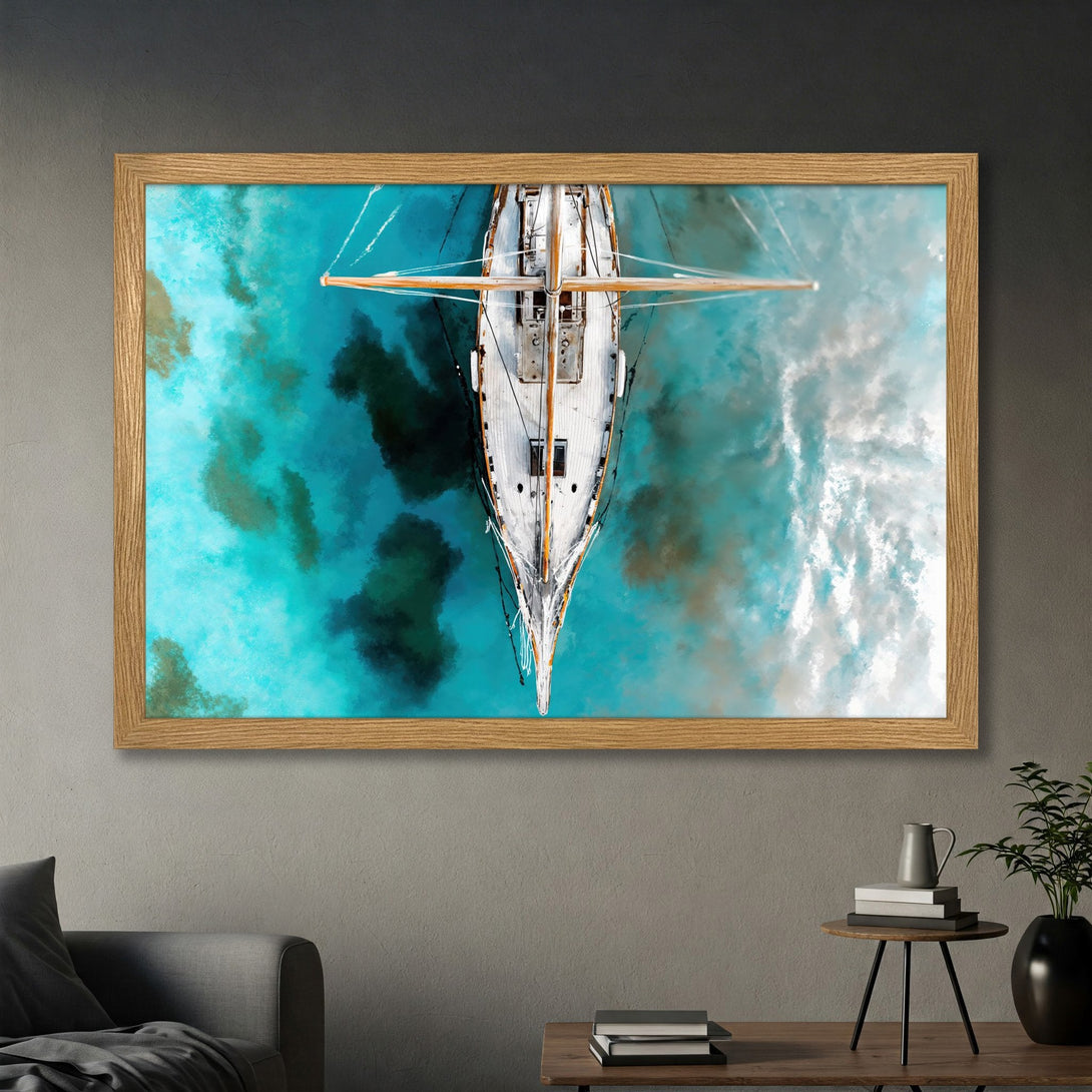 Framed Poster of a sailboat sailing on turquoise water. Artistic style with a blue and white color palette. Perfect wall art for your home.