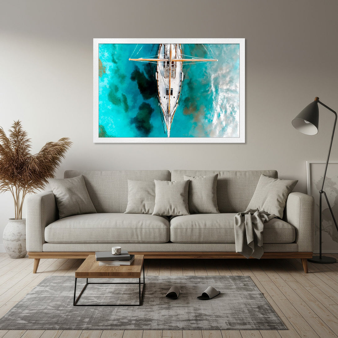 Framed Poster of sailboat over turquoise water. Coastal art print in blue and white, perfect for home decor.