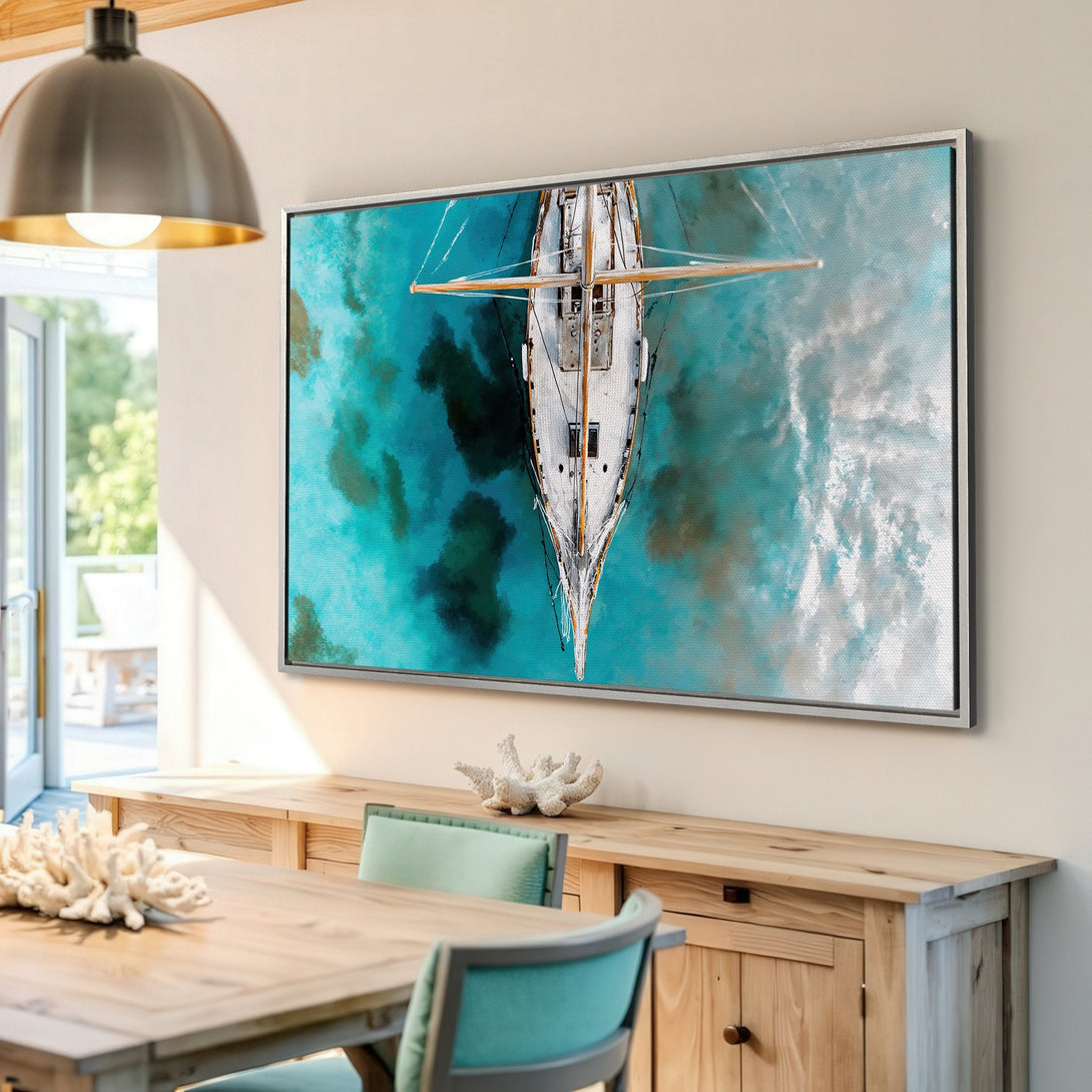 Framed Wall Art: Stunning aerial view of a sailboat on turquoise water. Coastal-inspired art with a calming blue and white color palette. Perfect for any space!
