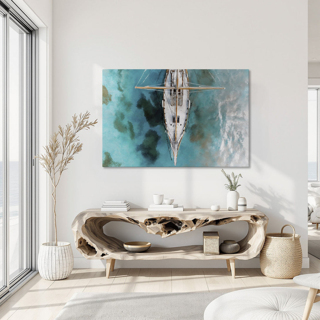 Framed Wall Art featuring a sailboat over turquoise water. Coastal style canvas print with a calming blue and gold color palette, perfect for any space.