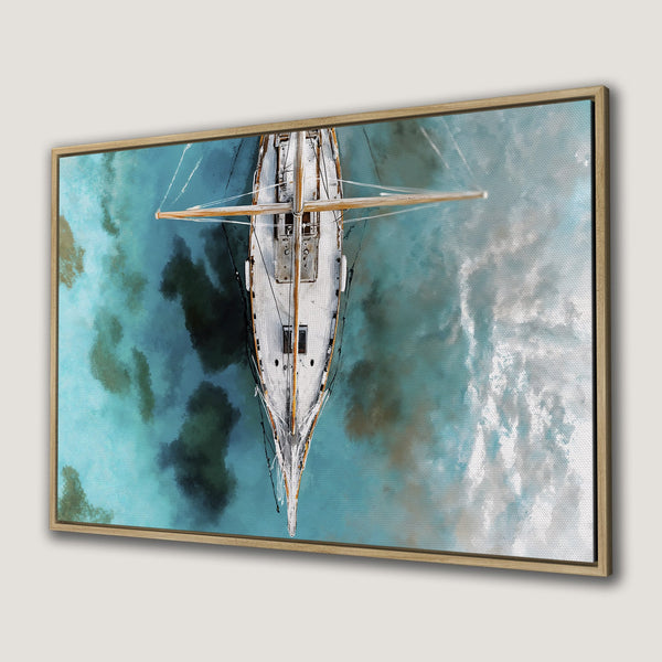 Framed Wall Art: Aerial view of a sailboat on turquoise water. Coastal art with a watercolor style and blue, white, and brown color palette.