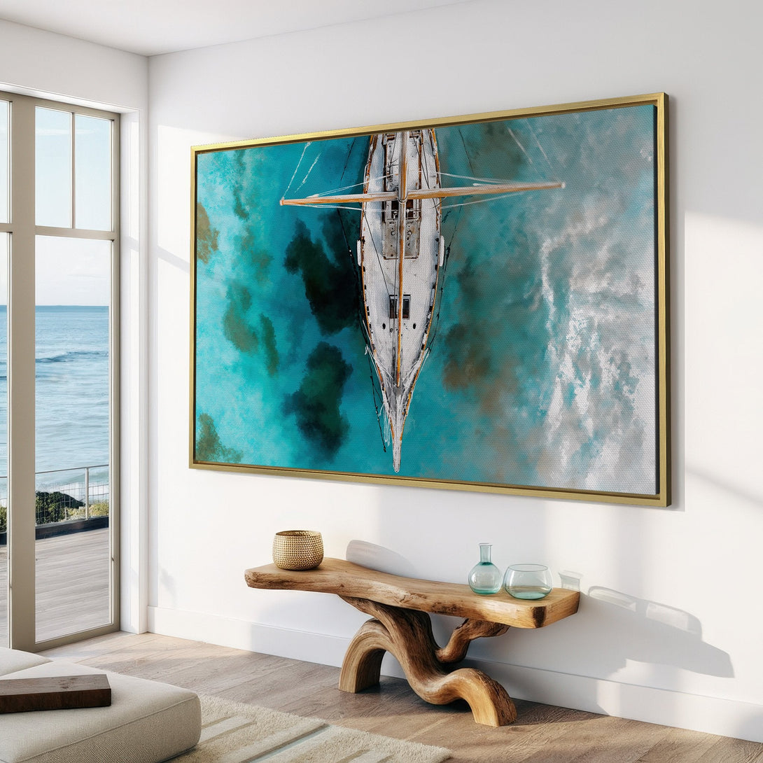 Canvas Print of a sailboat, aerial view, in turquoise and white tones. Modern wall art for coastal decor.