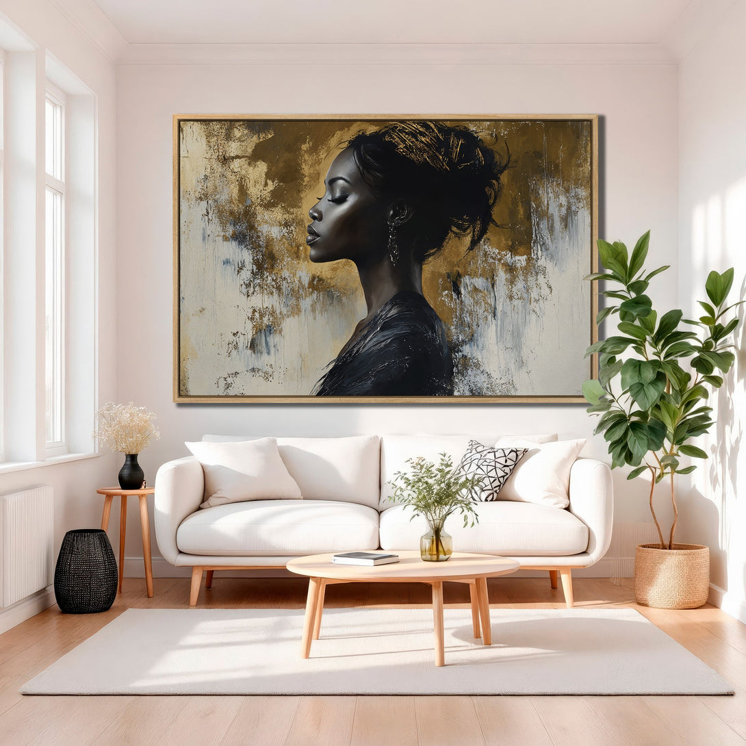 Framed Wall Art featuring a profile of a woman, abstract style, gold & black palette. Enhance your home decor with this stunning canvas print.