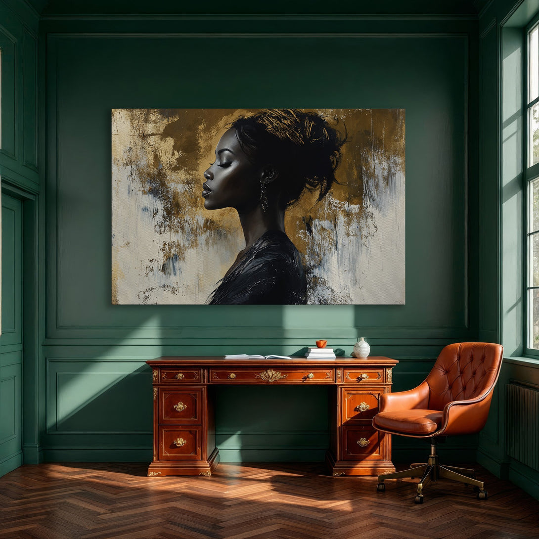 Framed Wall Art: Elegant portrait of a woman in gold and black abstract style. Adds a touch of luxury to any interior. Perfect wall decor.