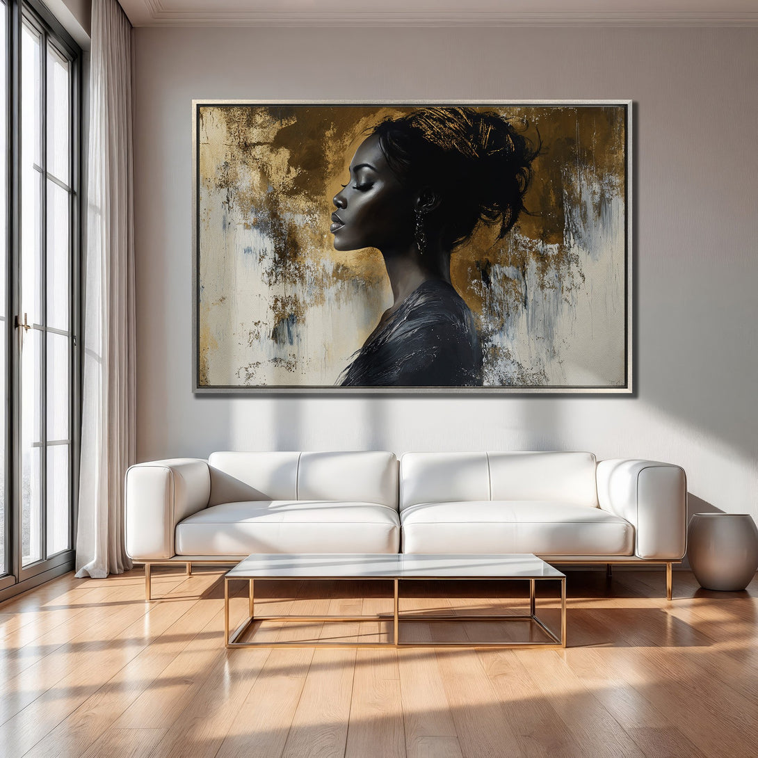 Framed Wall Art featuring a woman's portrait in a modern abstract style. Gold, black, and white color palette. Perfect for living room decor.