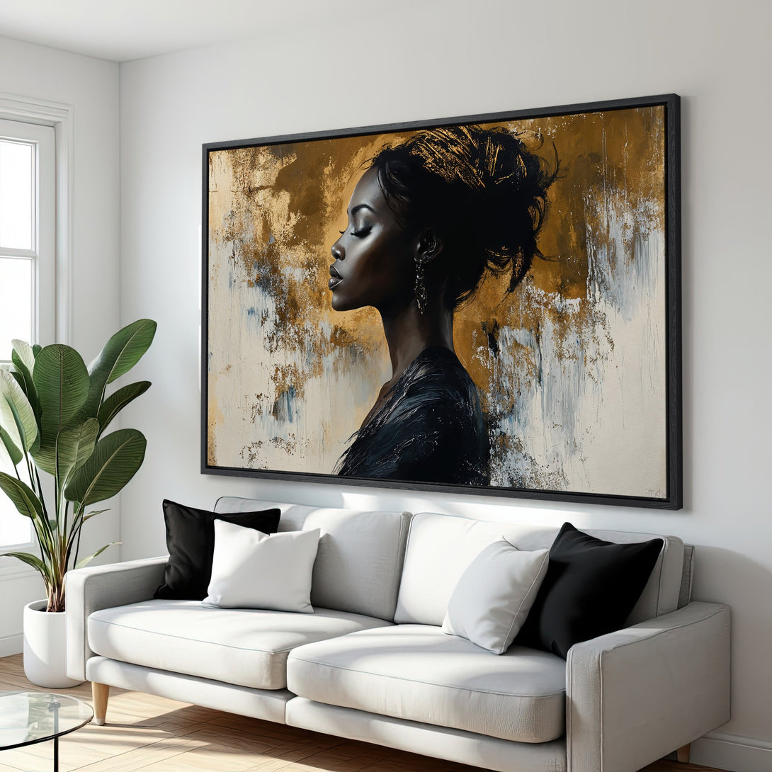 Framed Wall Art: Abstract portrait of a woman in black and gold, modern style. Elegant canvas print with neutral and warm tones.