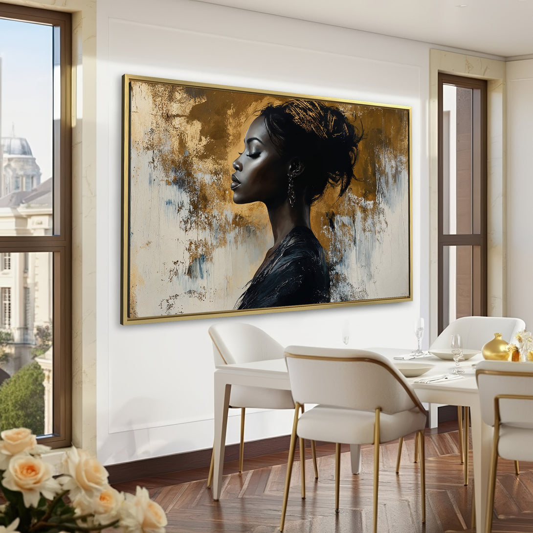 Canvas Print of an elegant woman, abstract style, gold & black tones, perfect for luxury home decor.