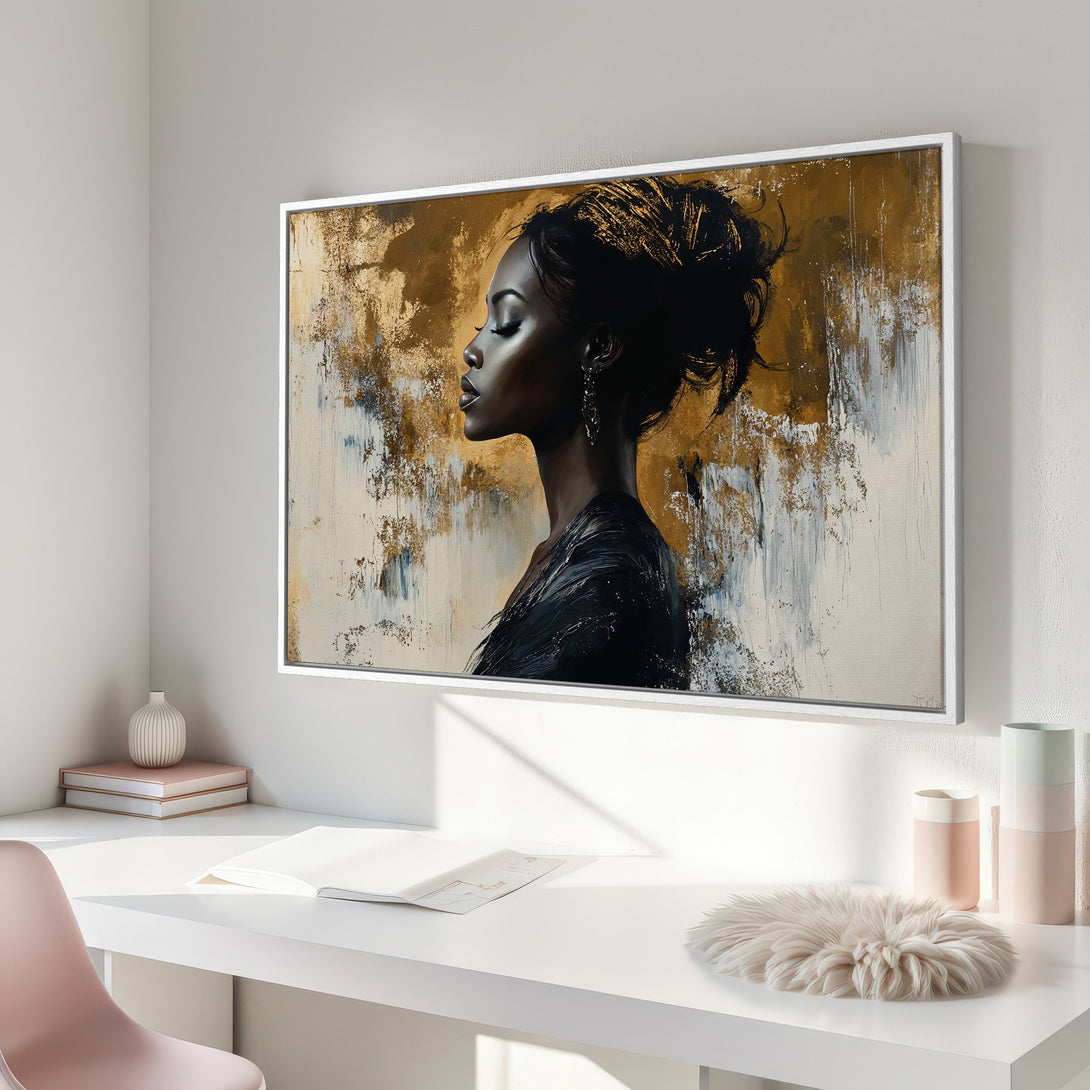 Framed Wall Art: Elegant portrait of a woman in gold and black abstract style. Perfect for modern decor. Features a warm, neutral color palette.