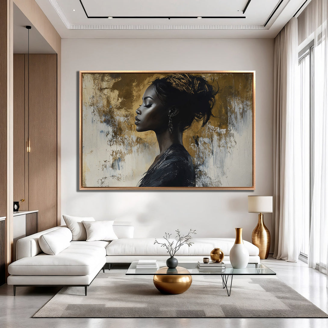Framed Wall Art: Elegant portrait of a woman in black and gold, abstract style. Stunning artwork for modern home decor.