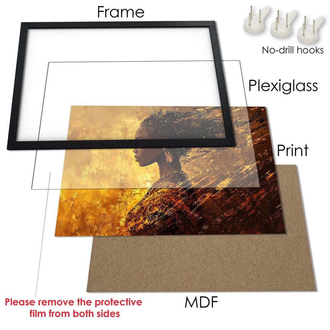 Framed Poster featuring an abstract portrait in warm gold and brown tones. Perfect art print for your home decor.
