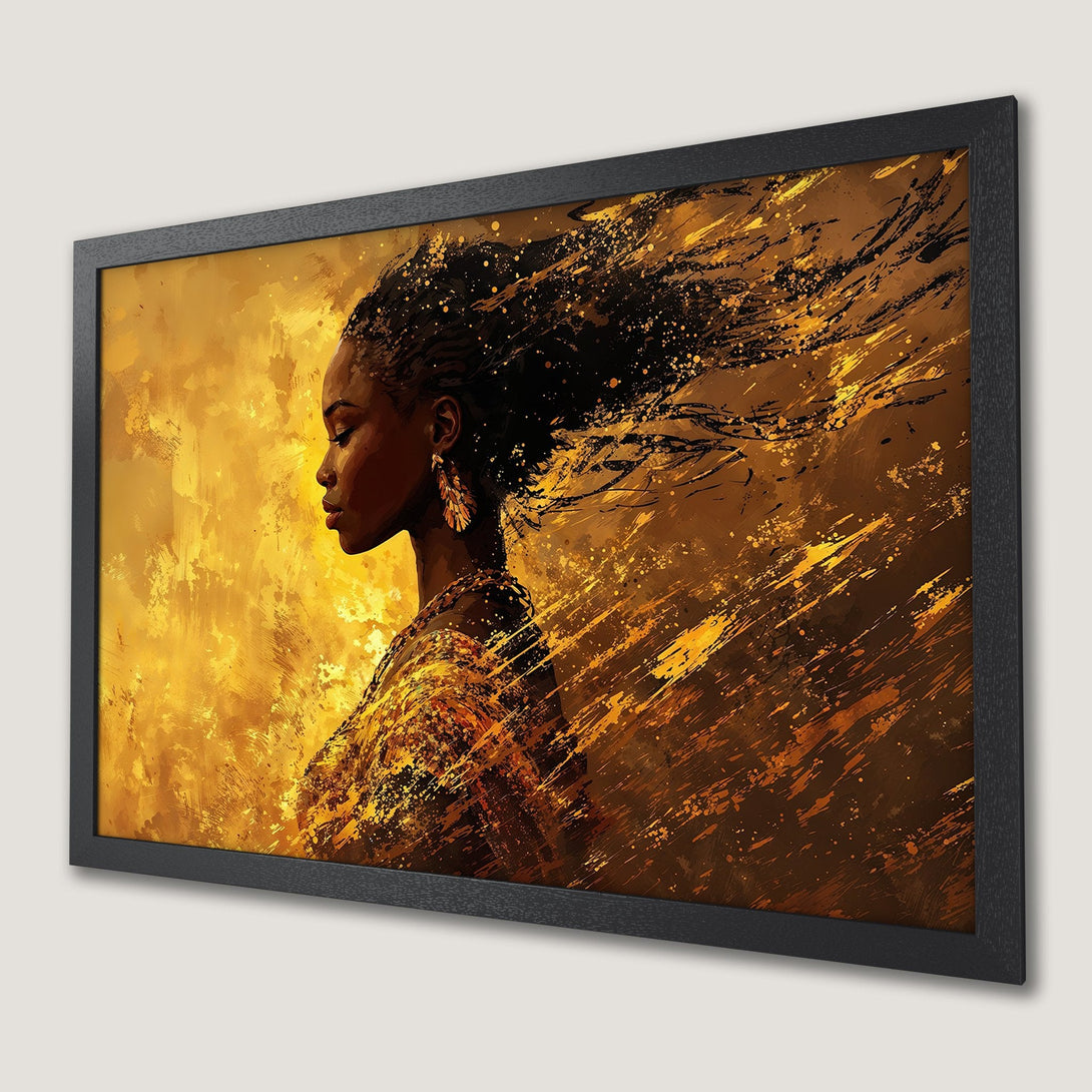 Framed Poster featuring an African woman in a golden, abstract style. Warm, earthy color palette. Perfect wall art!