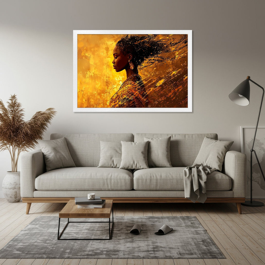 Framed Poster featuring an abstract portrait of a woman. Warm gold and brown palette. Modern art for home decor.