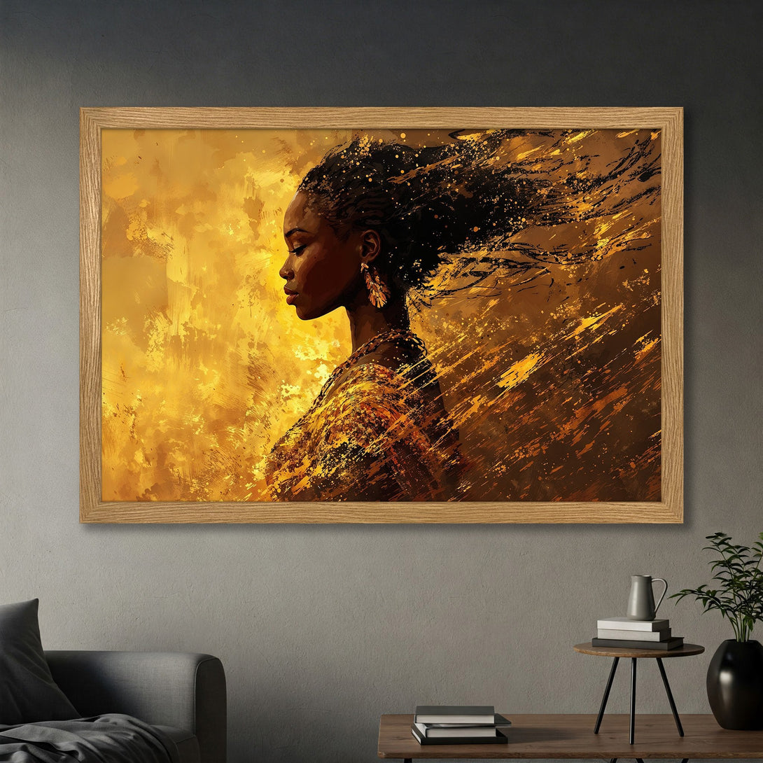Framed Poster featuring an African woman in an abstract style with a golden and brown color palette. Perfect wall art for your home!