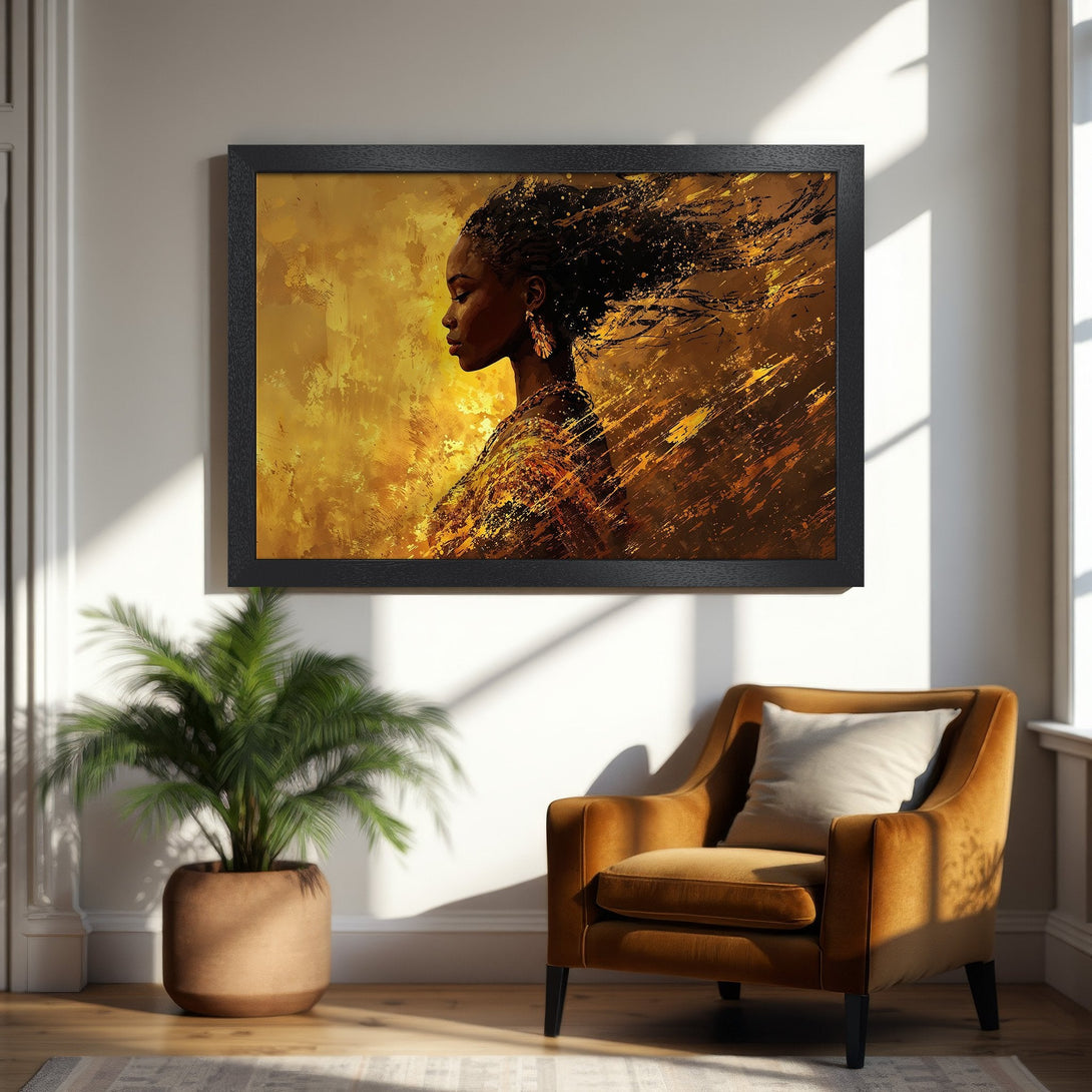 Framed Poster featuring a woman in gold abstract art. Warm color palette adds elegance to any space. Shop now!