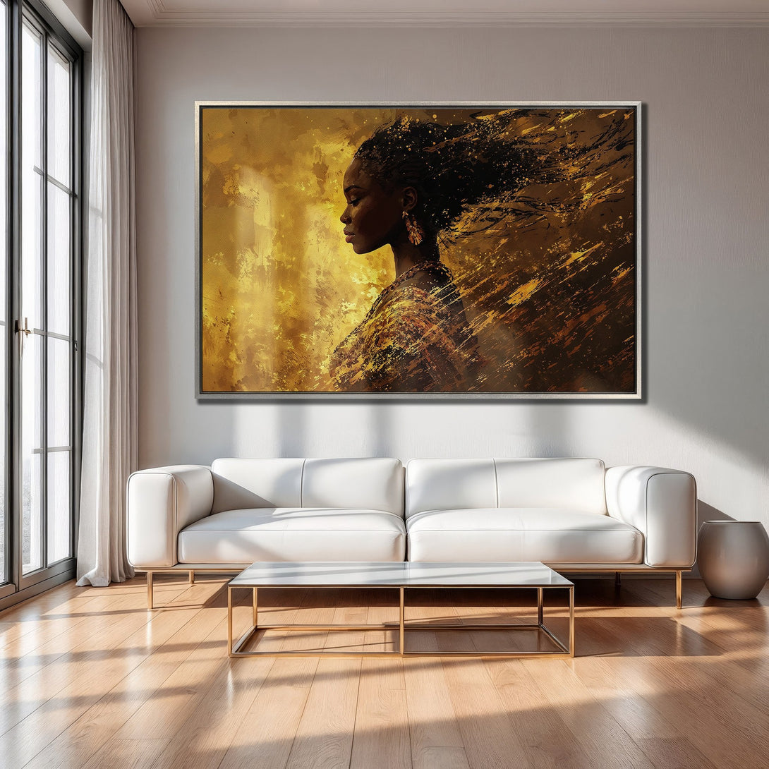 Framed Wall Art of an African woman in a gold and brown abstract style. Perfect for modern living rooms. Shop now!