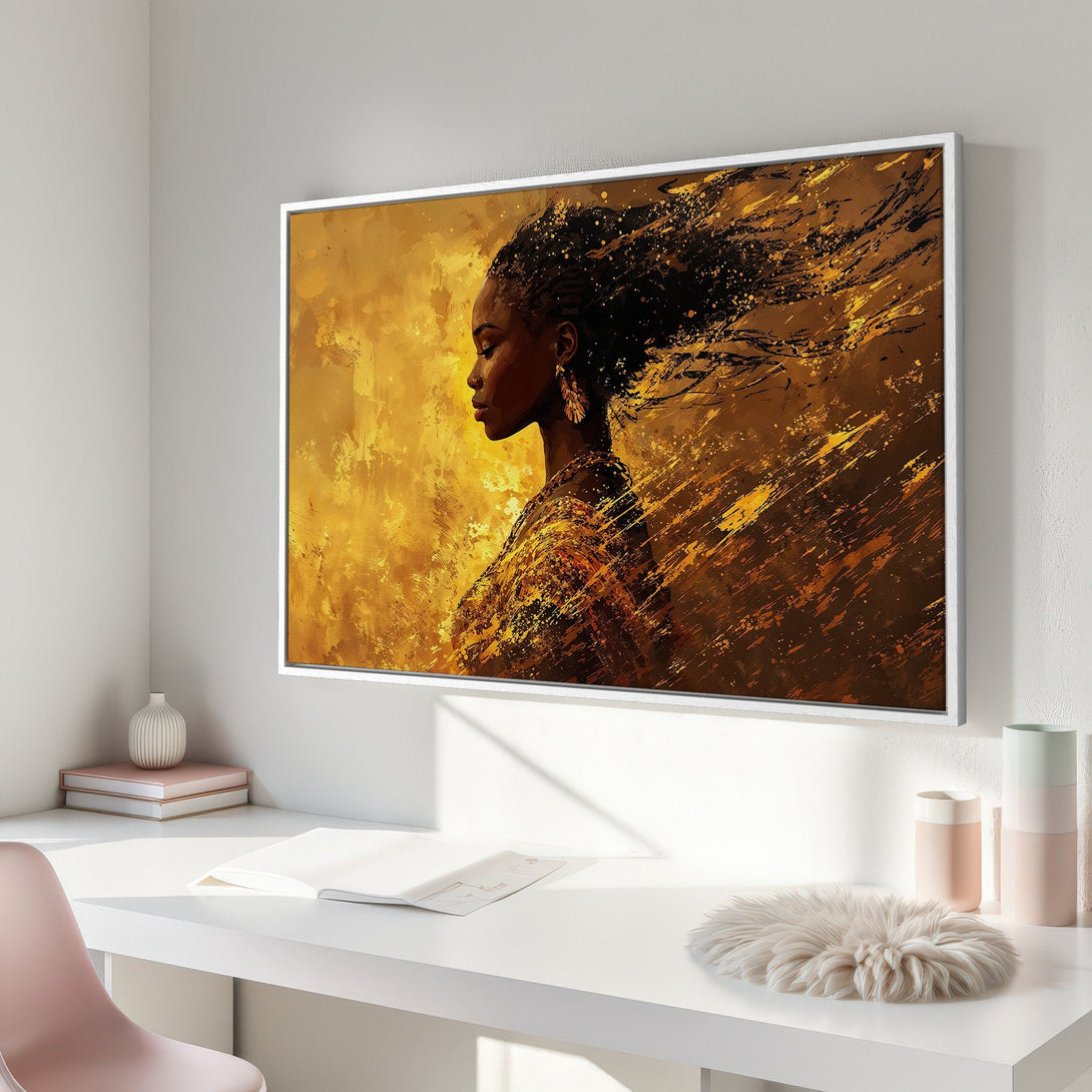 Framed Wall Art featuring a profile of a woman with flowing hair, abstract style, warm gold and brown tones. Perfect for modern decor!
