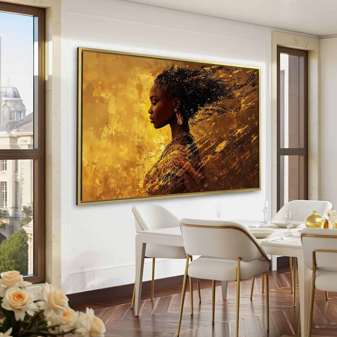 Canvas Print of an elegant woman in gold abstract art. Warm gold and brown tones. Perfect for home decor.