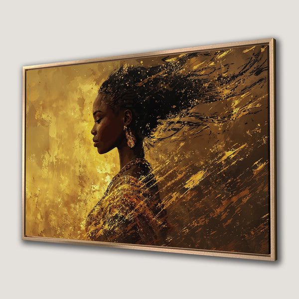 Canvas Print of a Black woman with flowing hair, abstract art in gold and brown tones. Perfect wall art for your home.