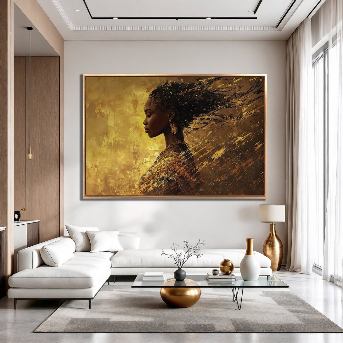 Framed Wall Art featuring an elegant woman in profile, abstract style, gold & brown color palette. Elevate your space with this stunning Canvas Print.